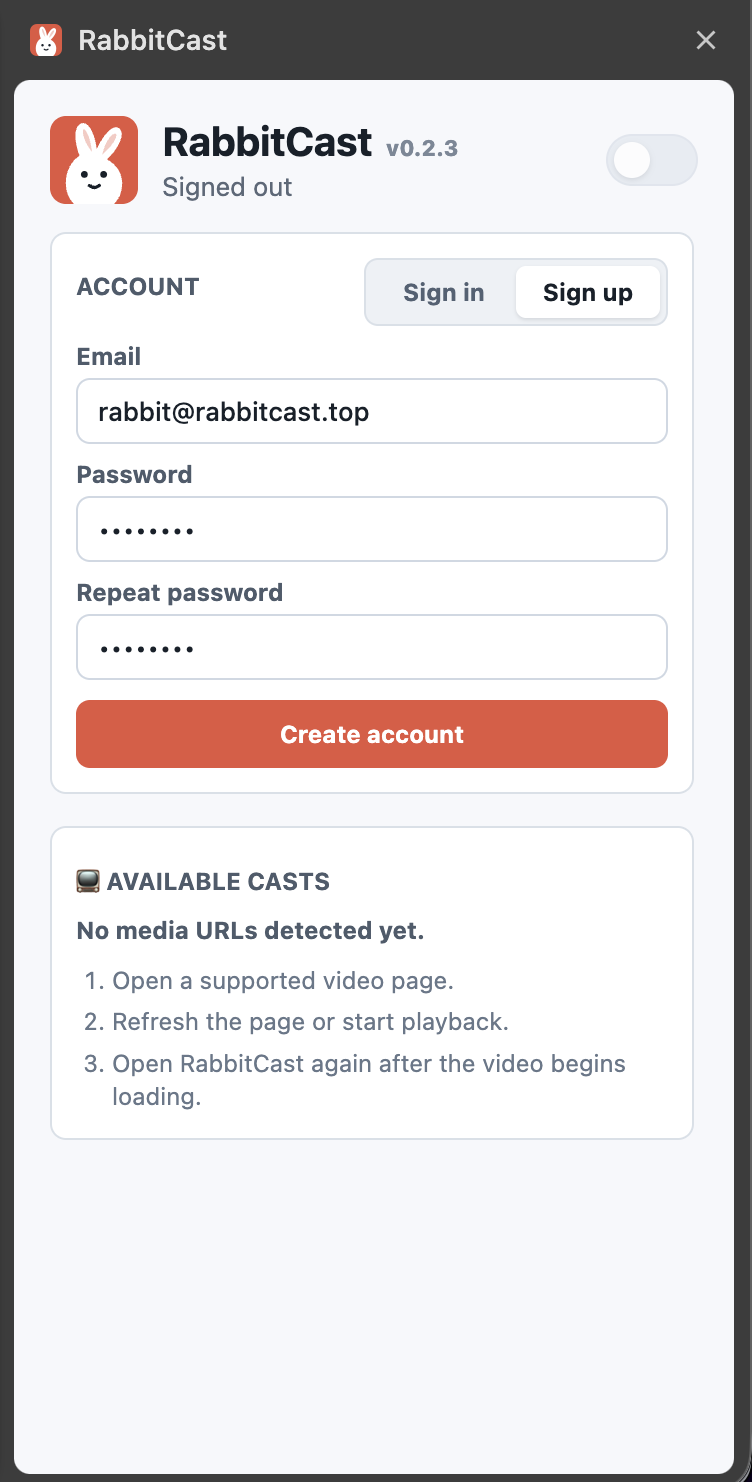 RabbitCast account sign-up form in the Chrome side panel