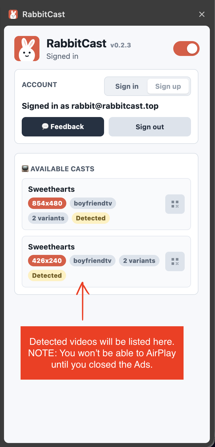 RabbitCast showing detected casts with disabled QR buttons