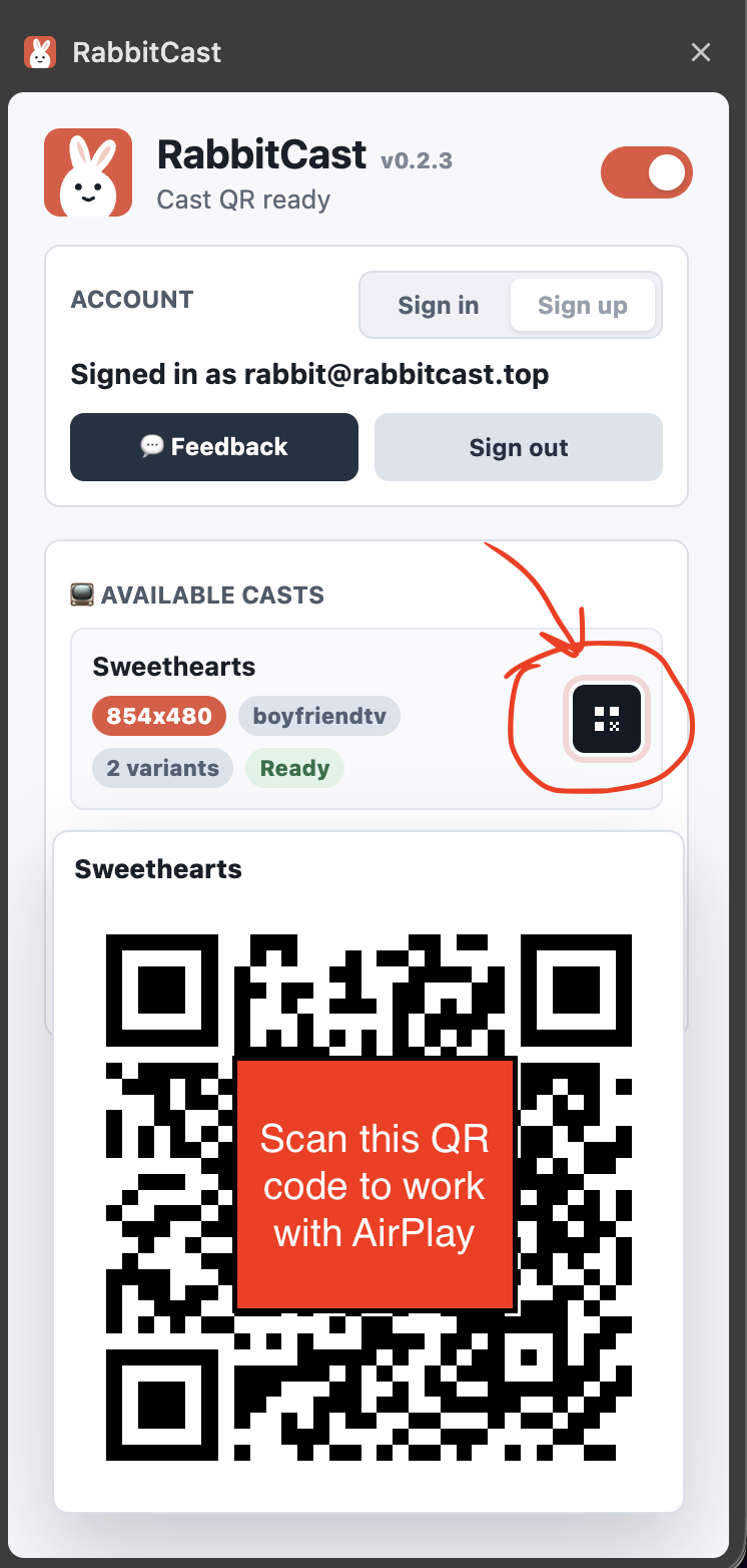 RabbitCast displaying a QR code for a ready video cast